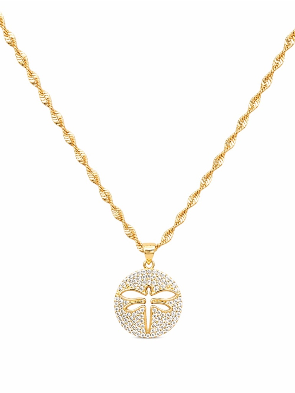 18K Gold Plated Dragonfly Pendant Necklace CZ Pave Rope Chain 17.5” 3mm Gift Box
